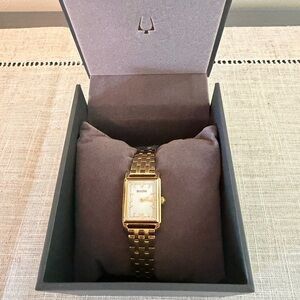 Bulova Gold and White Rectangular Dress Watch